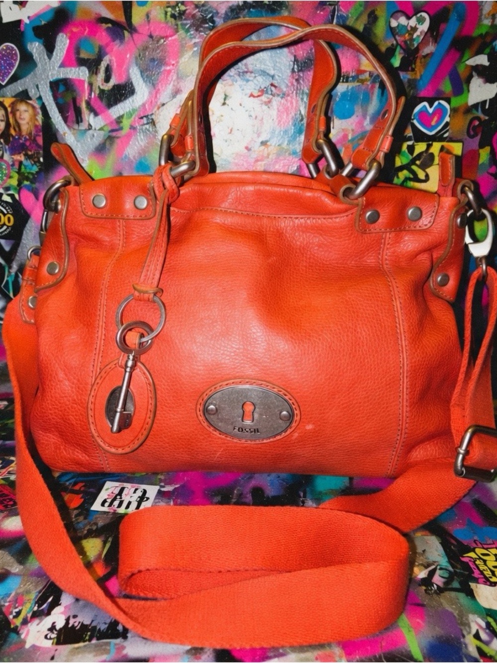 Leather Fossil Maddox Brick Red Pebble Leather Satchel Doctor Shoulder Bag Cross
